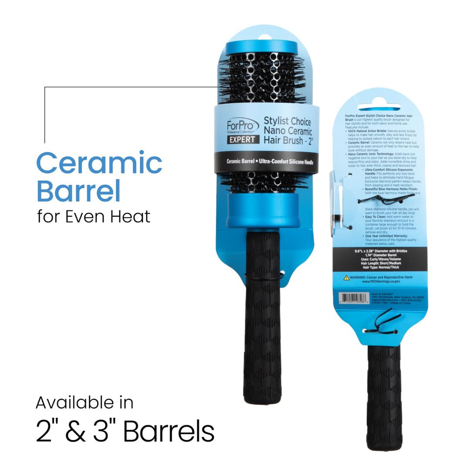 Forpro Professional Collection Expert Stylist Choice Nano Ceramic Hair Brush, 100% Natural Anion Bristle, Silicone Ergonomic Handle, 3" Ceramic Round Brush, Matte Blue