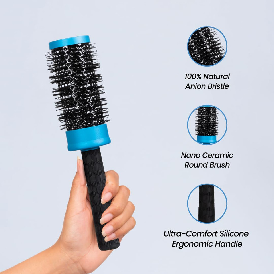 Forpro Professional Collection Expert Stylist Choice Nano Ceramic Hair Brush, 100% Natural Anion Bristle, Silicone Ergonomic Handle, 3" Ceramic Round Brush, Matte Blue