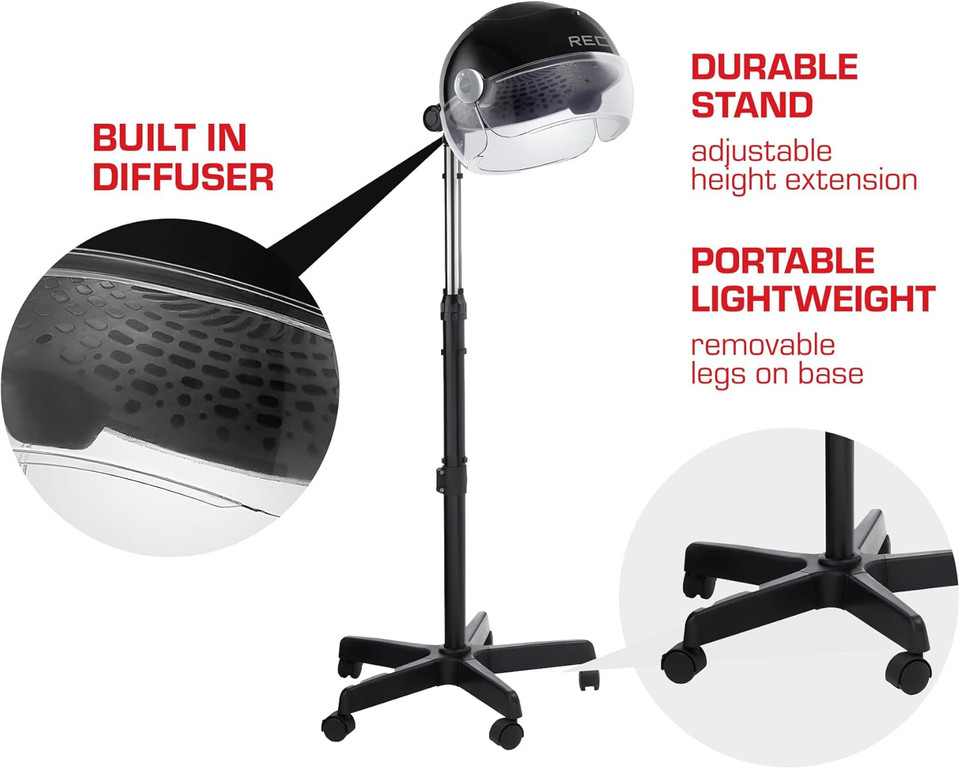 Red By Kiss 3000 Ceramic Stand Hood Dryer With Digital Timer, Adjustable Height, 360° Wheels, 3 Temp Settings, Quick Drying, Comfortable Hood, Ideal For Home & Salon Use