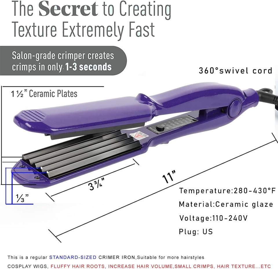 Mbhair Ceramic Crimper Iron For Volumizing Fluffy Hairstyle, Corrugation Crimper Hair Iron, Anti Static Ceramic Hair Crimping Iron Adjust Temperature (Purple)