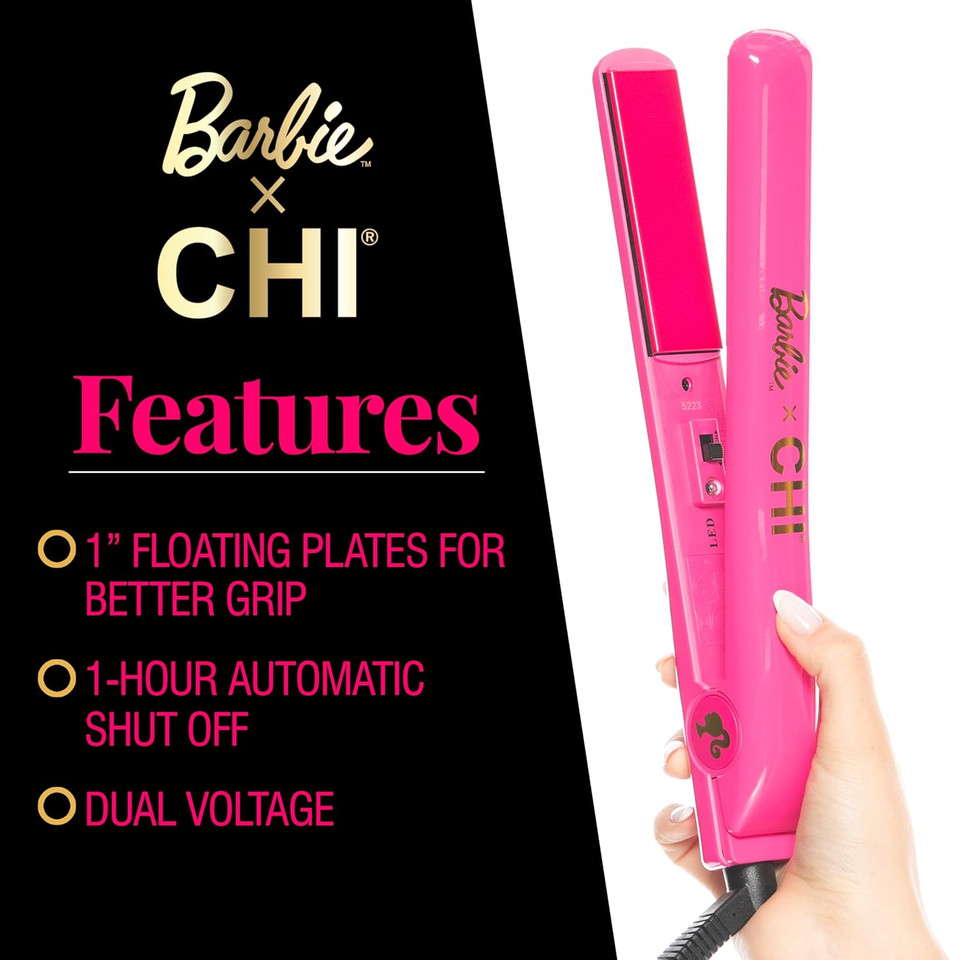 Chi X Barbie 65Th Anniversary Ceramic Flat Iron, Straightener For A Smooth Finish, Adjustable Temperature, 1" Iron