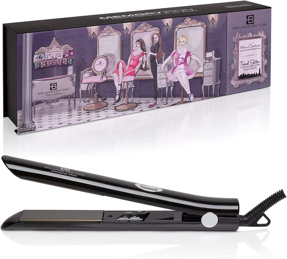 Brilliance New York - 1 Inch Pro Diamond Titanium Flat Iron - 2 In 1 Hair Straightener And Curler - Anti-Static, Frizz-Free Ionic Plates - Auto Shut-Off Dual Voltage Flat Iron W/Lcd Display