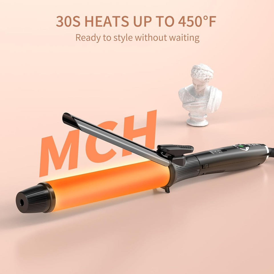 1 1/4 Inch Curling Iron With Clipped Tourmaline Ceramic Barrel Professional 1.25 Inch Hair Curler Up To 450°F Dual Voltage For Traveling 60 Mins Auto Off Suit For Different (Black, 1.25 Inch)