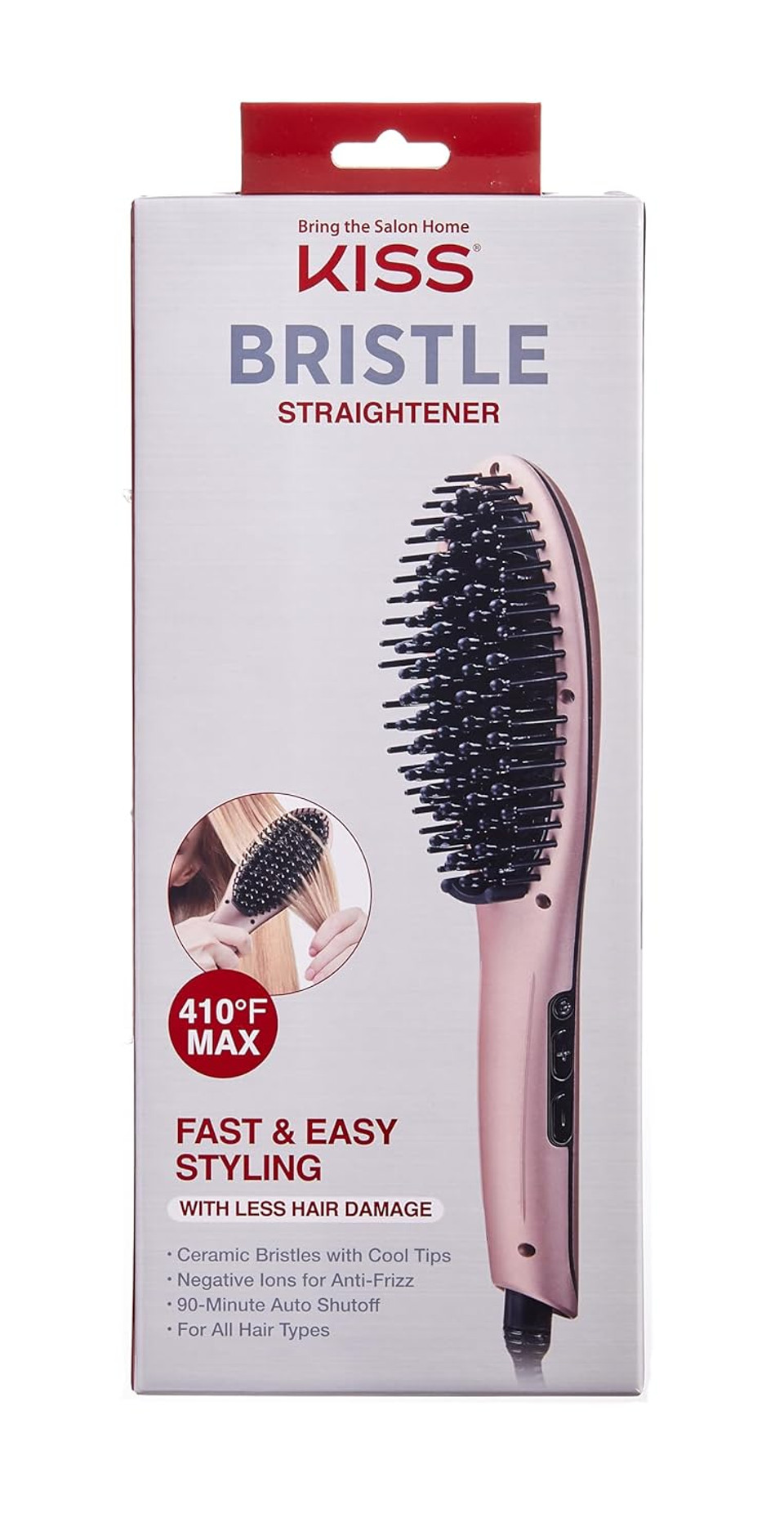 Kiss Bristle Hair Straightener Heat Brush, Digital Temperature Control Up To 410°F, 90-Minute Auto Shutoff, Cool-Tip Ionic Bristles, Lightweight Handle, 360° Swivel Cord, Pink, 1.25 Lbs