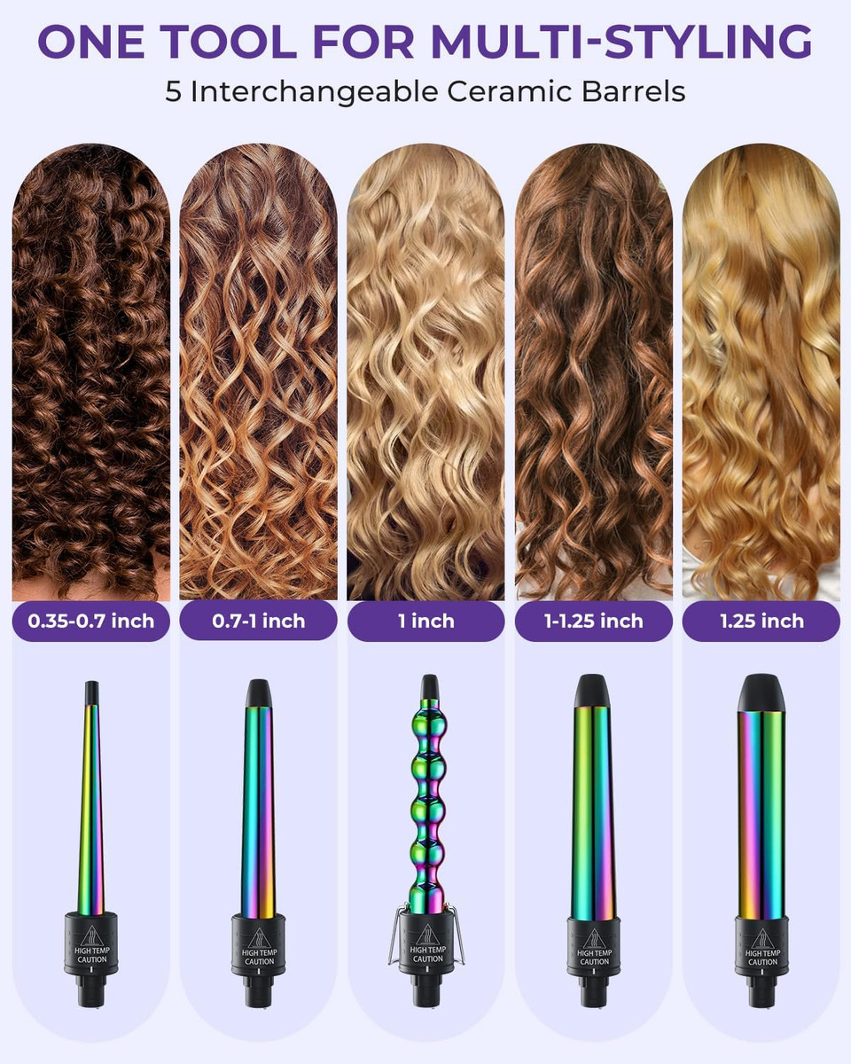 5 In 1 Curling Wand Set: Ohuhu Curling Iron Wand 5Pcs 0.35 To 1.25 Inch Interchangeable Ceramic Barrel Heat Protective Glove 2 Clips Dual Voltage Hair Curler For Girls Women Mother Gift Rainbow