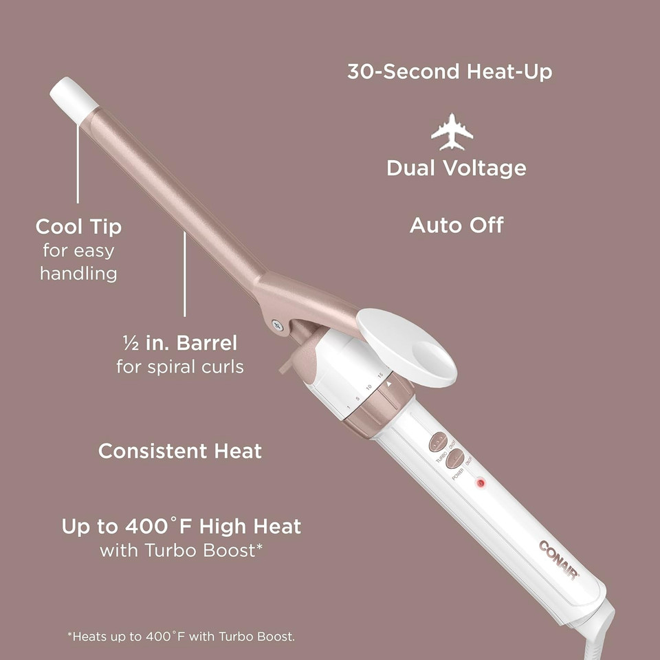 Conair Double Ceramic 1/2-Inch Curling Iron, 1/2-Inch Barrel Produces Spiral Curls  For Use On Short To Medium Hair