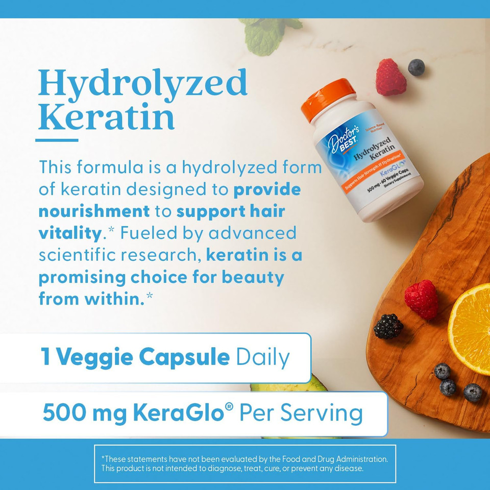 Doctors Best Hydrolyzed Keratin, Supports Hair Strength & Hydration, Non-Gmo, Gluten Free, Soy Free 60 Veggie Caps