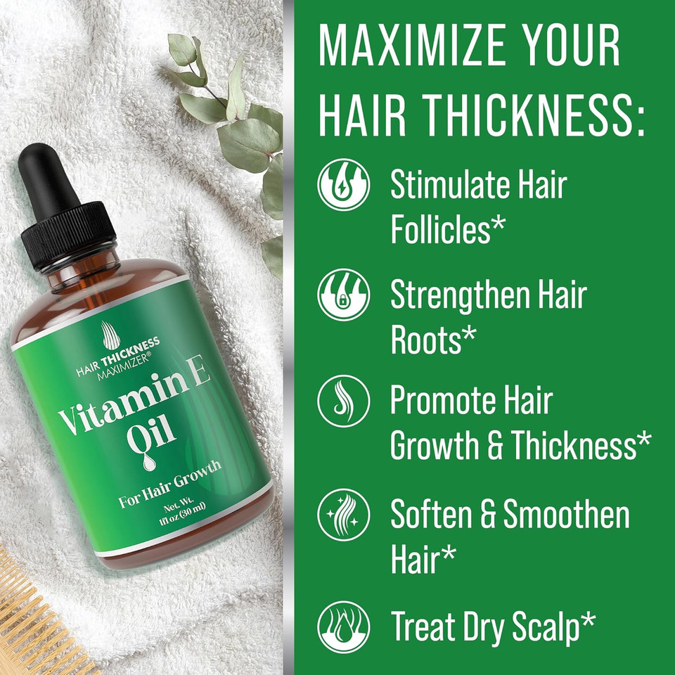 Vitamin E Oil For Hair Growth - Thickening, Moisturizing, Strengthening Serum For Women, Men. Single Ingredient Scalp Treatment For Weak, Dry, Frizzy Hair 1Oz