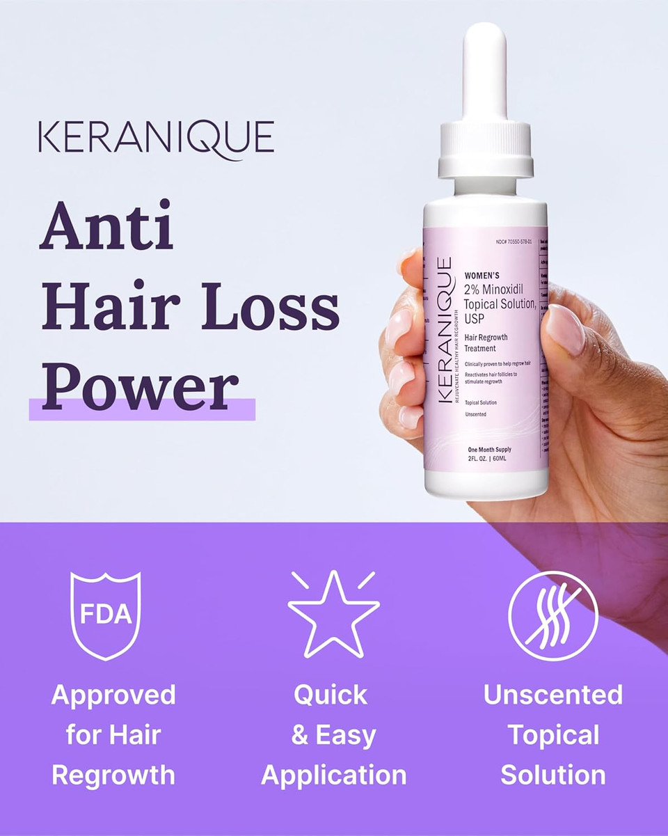 Keranique Hair Regrowth Treatment Dropper  2% Minoxidil, 2 Fl Oz 30 Day Supply  Regrow Thicker-Looking Hair, Helps Revitalize Hair Follicles