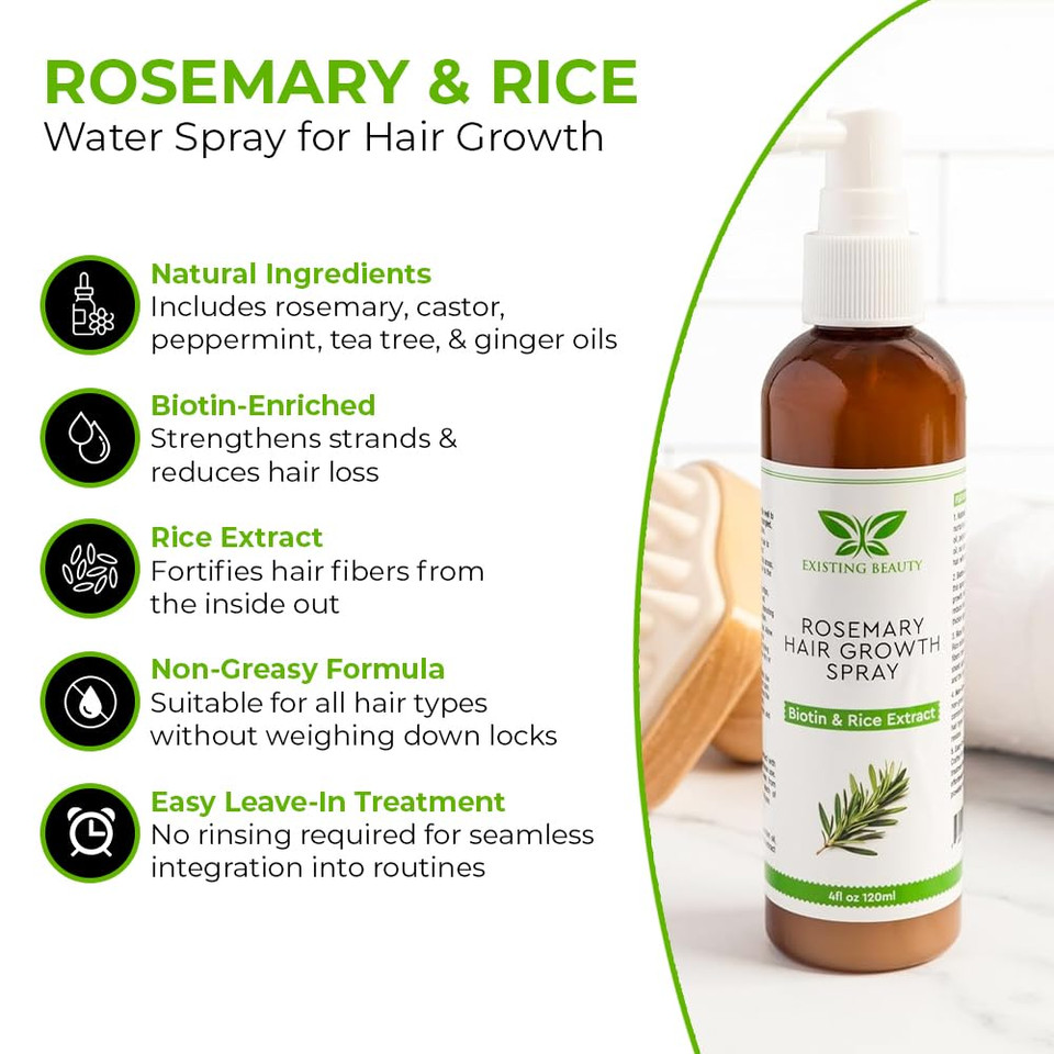 Rosemary And Rice Hair Growth Spray - With Biotin, Castor, Peppermint, Tea Tree Oil & More - For Thicker, Fuller Hair By Existing Beauty 4Oz