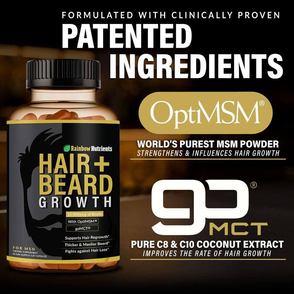 Hair + Beard Growth Vitamins For Men | Biotin 10,000Mcg, Collagen, Patented Optimsm®, Gomct®, Saw Palmetto | 60 Day Supply | Naturally Regrow Stronger, Thicker, Healthier Hair & Stops Hair Los