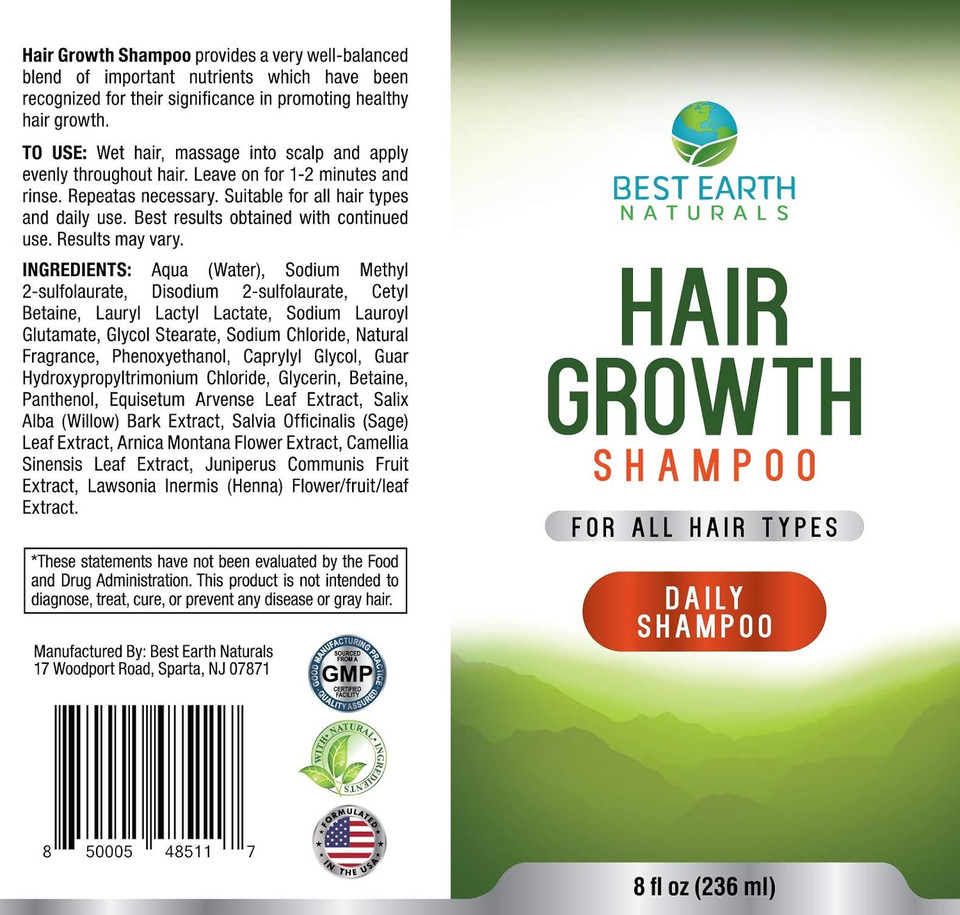 Best Earth Natrurals Hair Growth Shampoo For Healthy Hair Growth, Hair Loss, Slow Growing And Thinning Hair For Men And Women 8 Ounces