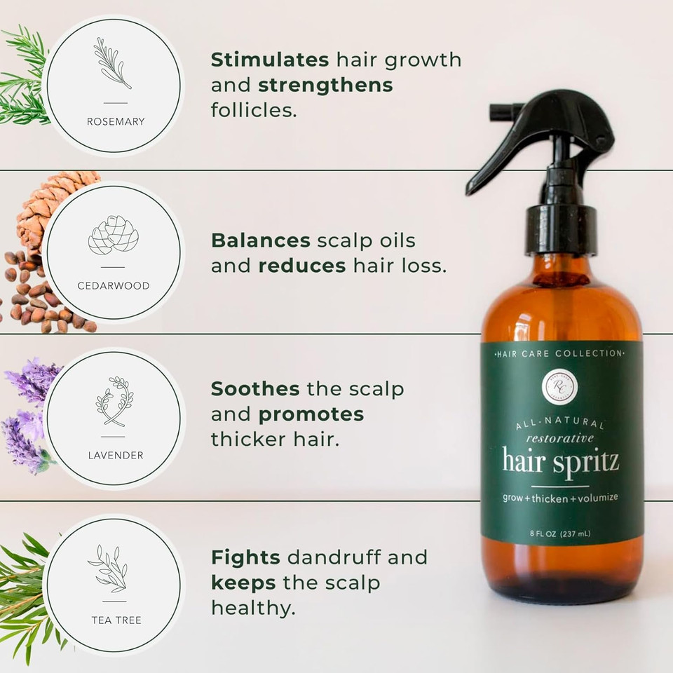 Rowe Casa Organics Natural Restorative Hair Spritz With Witch Hazel & Therapeutic Essential Oils, Hand-Crafted Hair Volumizer, Thickener, & Growth Booster, 8 Fl. Oz