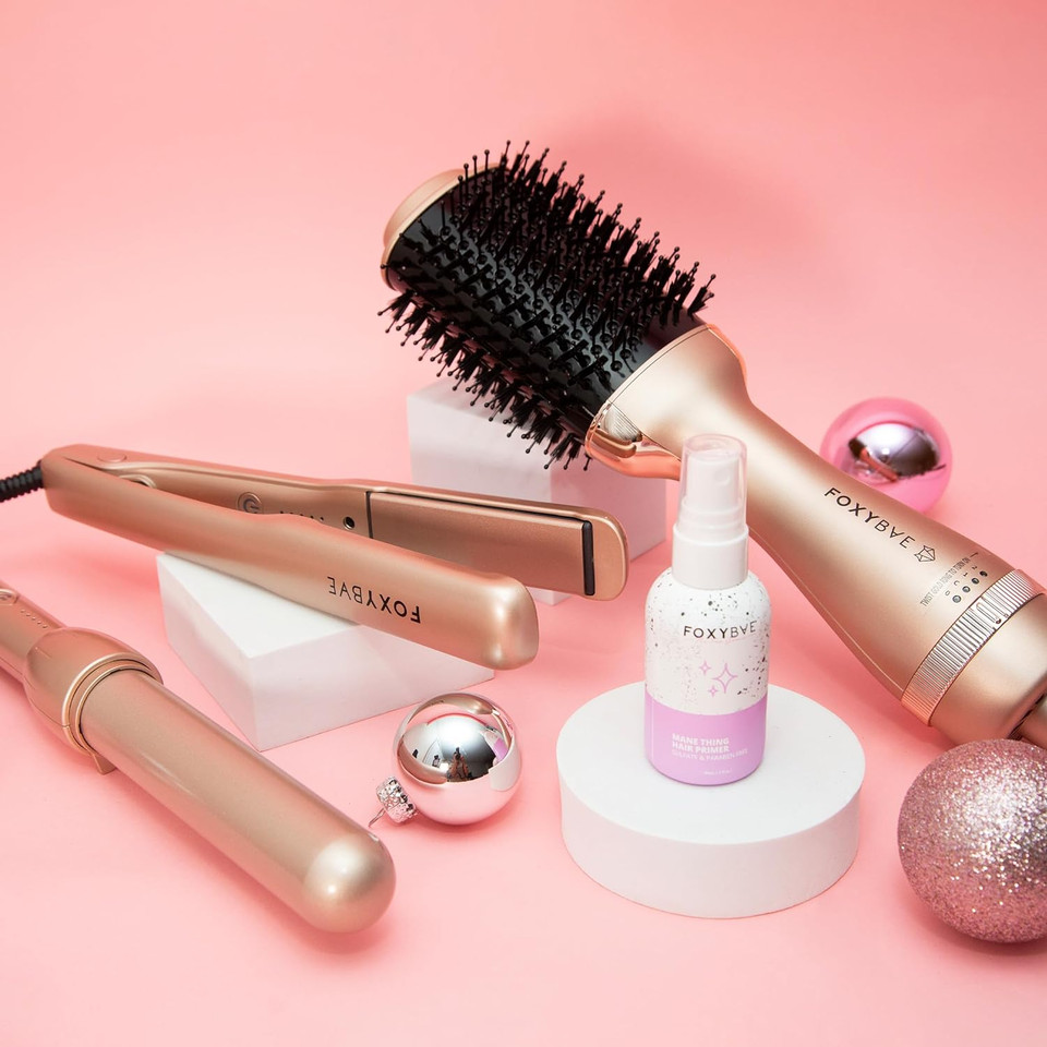 Foxybae So Extra Holiday Kit  Blowout Dryer Brush, Hair Curling Wand 1.25, Flat Iron Hair Straightener 1 & Mane Thing Hair Primer 2Oz  For Volume & Silky Salon Garde Hair - Soft Rose Goldsoft Rose Gold