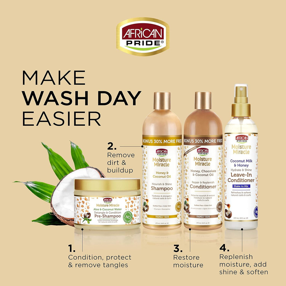 African Pride Moisture Miracle - For Natural Coils & Curls, Nourishes & Shines, Sulfate Free, Color Safe (Shampoo)