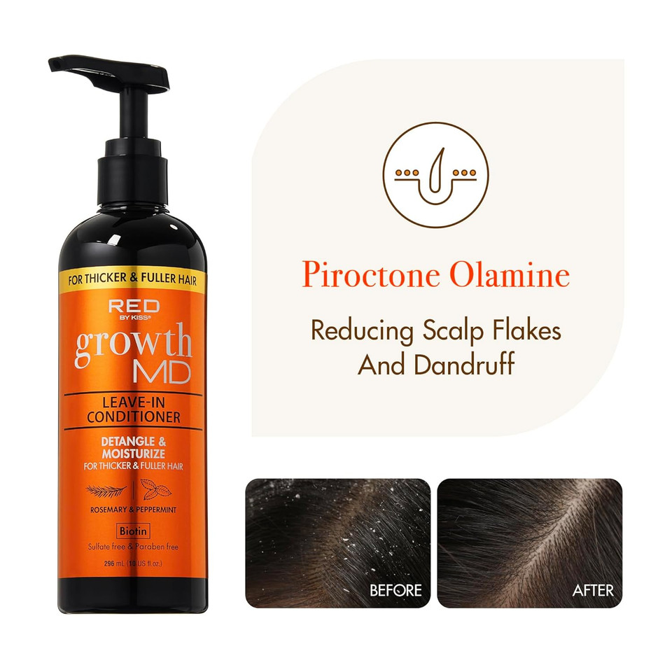 Red By Kiss Growth Md Leave-In Conditioner, Detangle Moisturize & Strengthen, 5X Menthol Biotin, Panthenol & Niacinamide For Thicker, Fuller Hair, Vegan Formula & Cruelty Free, 10 Oz