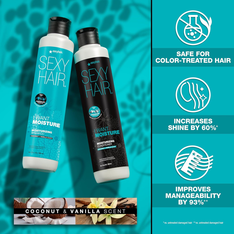 Sexyhair I Want Moisture Shampoo/Conditioner, 10.1Oz | Tames Frizz | Increases Shine By 60% | All Hair Types