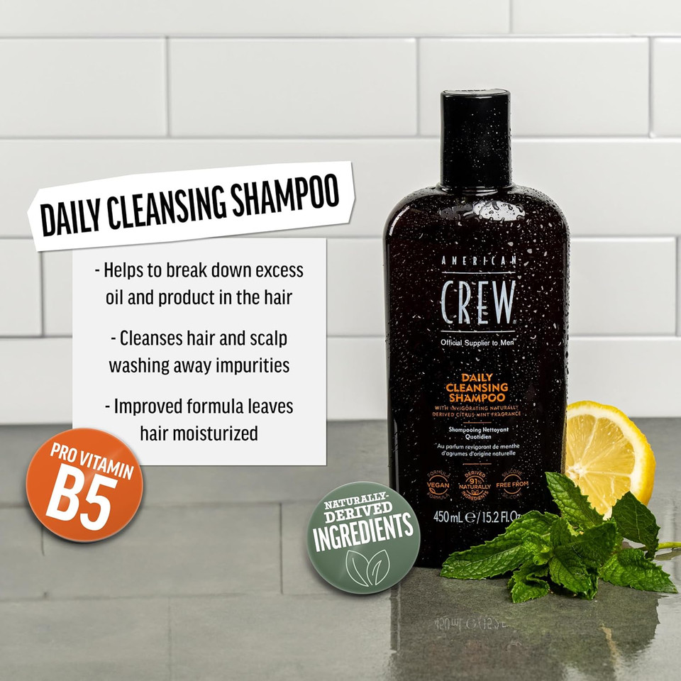 Shampoo For Men By American Crew, Daily Cleanser, Naturally Derived, Vegan Formula, Citrus Mint Fragrance, 15.2 Fl Oz
