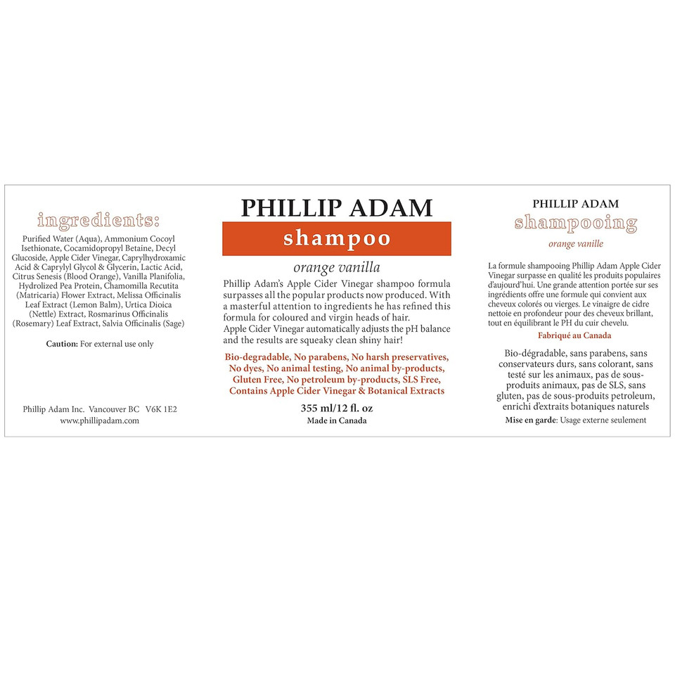 Phillip Adam Orange Vanilla Shampoo - Enriched With Apple Cider Vinegar - Boosts Shine - For All Hair Types - Sulfate Free & Paraben Free - 33.8 Ounce