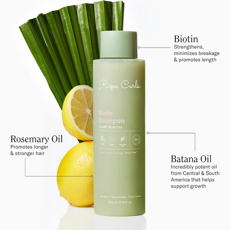 Rizos Curls Biotin Shampoo, Gently Cleanse & Nourish, Rosemary Oil & Oat Protein For Longer And Stronger Hair, Hair Is Fuller, Softer & Shinier, 2.5 Oz
