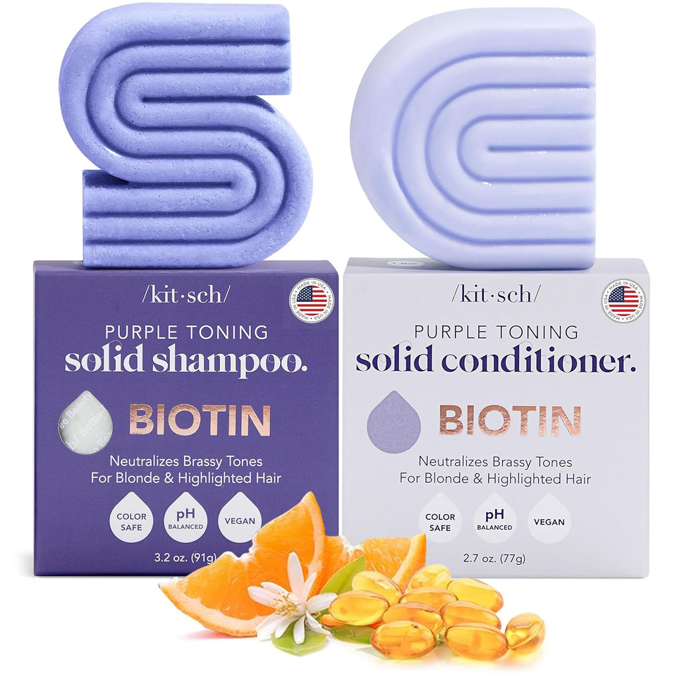 Kitsch Toning Purple Shampoo & Conditioner Bar Set For Blondes & Color Treated Hair - With Biotin For Strengthening & Neutralizing Brassy Tones - Vegan, Silicone & Sulfate Free - Made In Usa