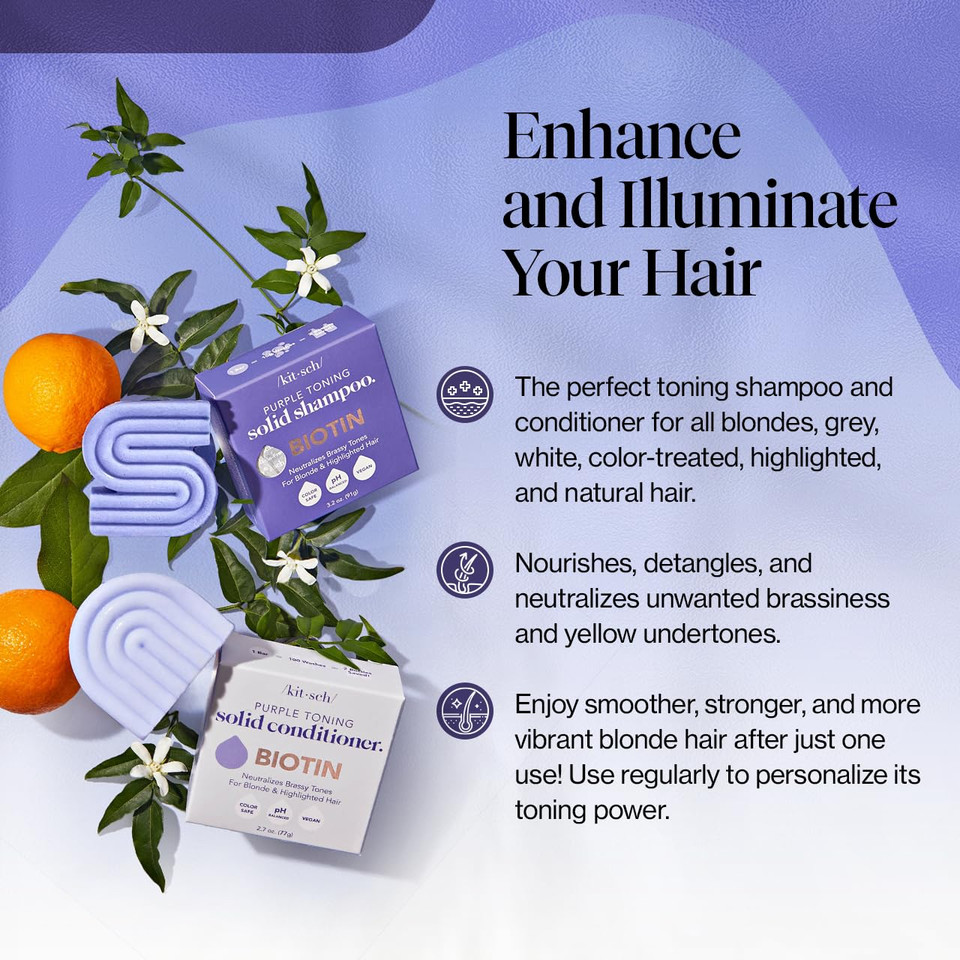 Kitsch Toning Purple Shampoo & Conditioner Bar Set For Blondes & Color Treated Hair - With Biotin For Strengthening & Neutralizing Brassy Tones - Vegan, Silicone & Sulfate Free - Made In Usa