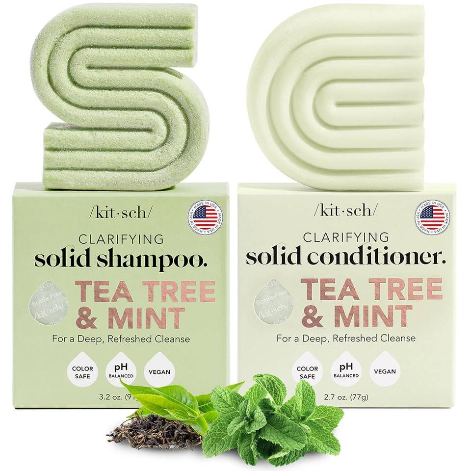 Kitsch Tea Tree Shampoo And Conditioner Set  Anti Dandruff Shampoo Bar & Conditioner Bar - Hair Care For All Hair Types - Free Of Paraben, Sulfate & Silicone - Made In Usa - 2 Pcs