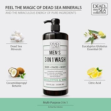 Dead Sea Collection Mens Body Wash 3 In 1  Eucalyptus Body Wash For Men  Shower Gel  Shampoo  Shower Soap For Face And Hair (33.8 Fl. Oz)