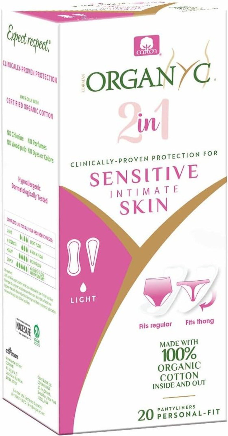 Organyc 100% Certified Organic Cotton 2 In 1 Panty Liners For Women Fits Thong Or Regular Underwear, Light Flow, 20 Count