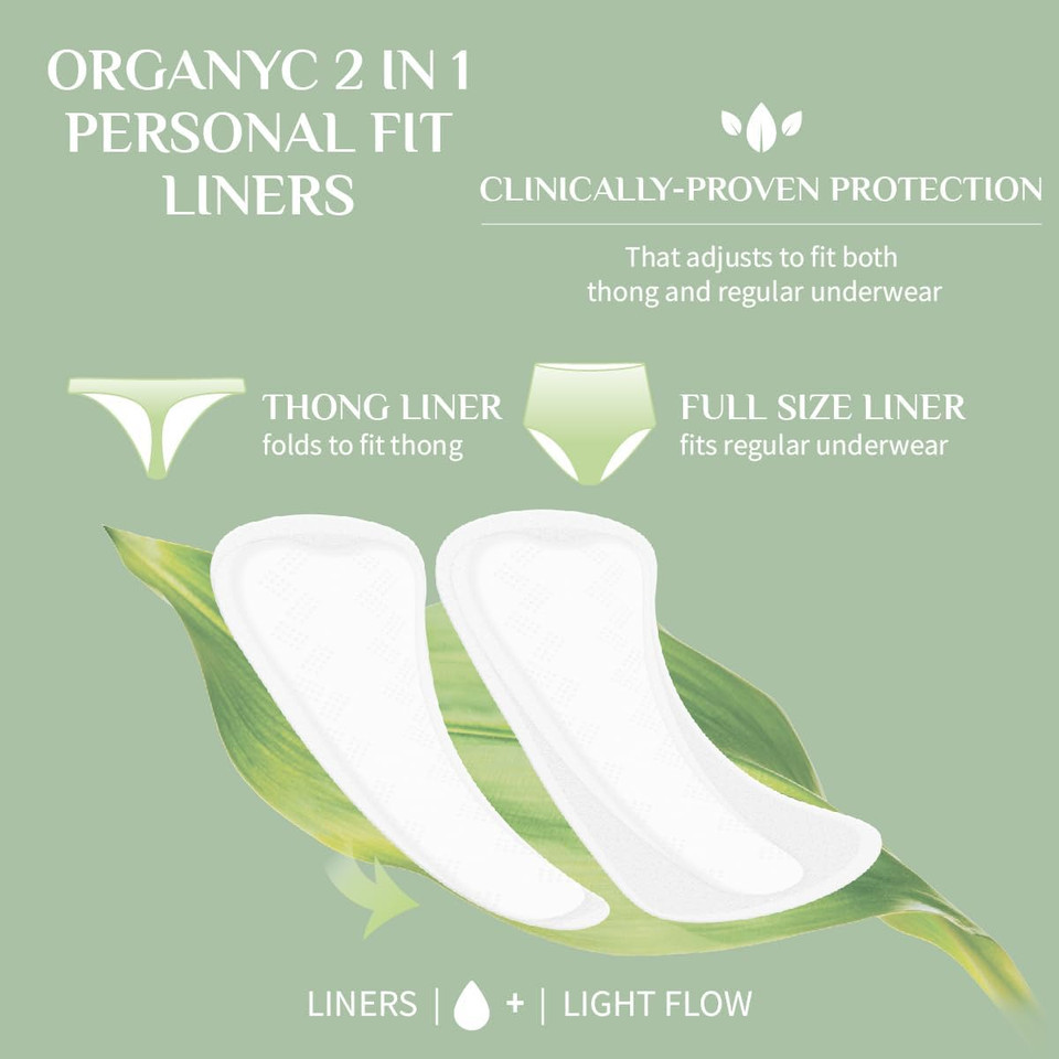 Organyc 100% Certified Organic Cotton 2 In 1 Panty Liners For Women Fits Thong Or Regular Underwear, Light Flow, 20 Count