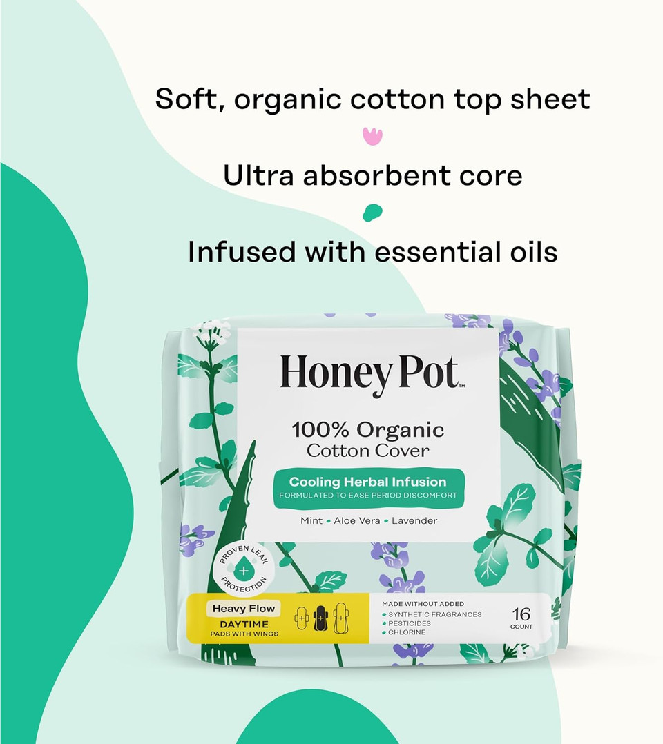 The Honey Pot Company - Herbal Sanitary Pads For Women - Heavy Flow W/Wings - Infused W/Essential Oils For Cooling Effect & Organic Cotton Cover - Feminine Care - Fsa & Hsa - 16 Ct