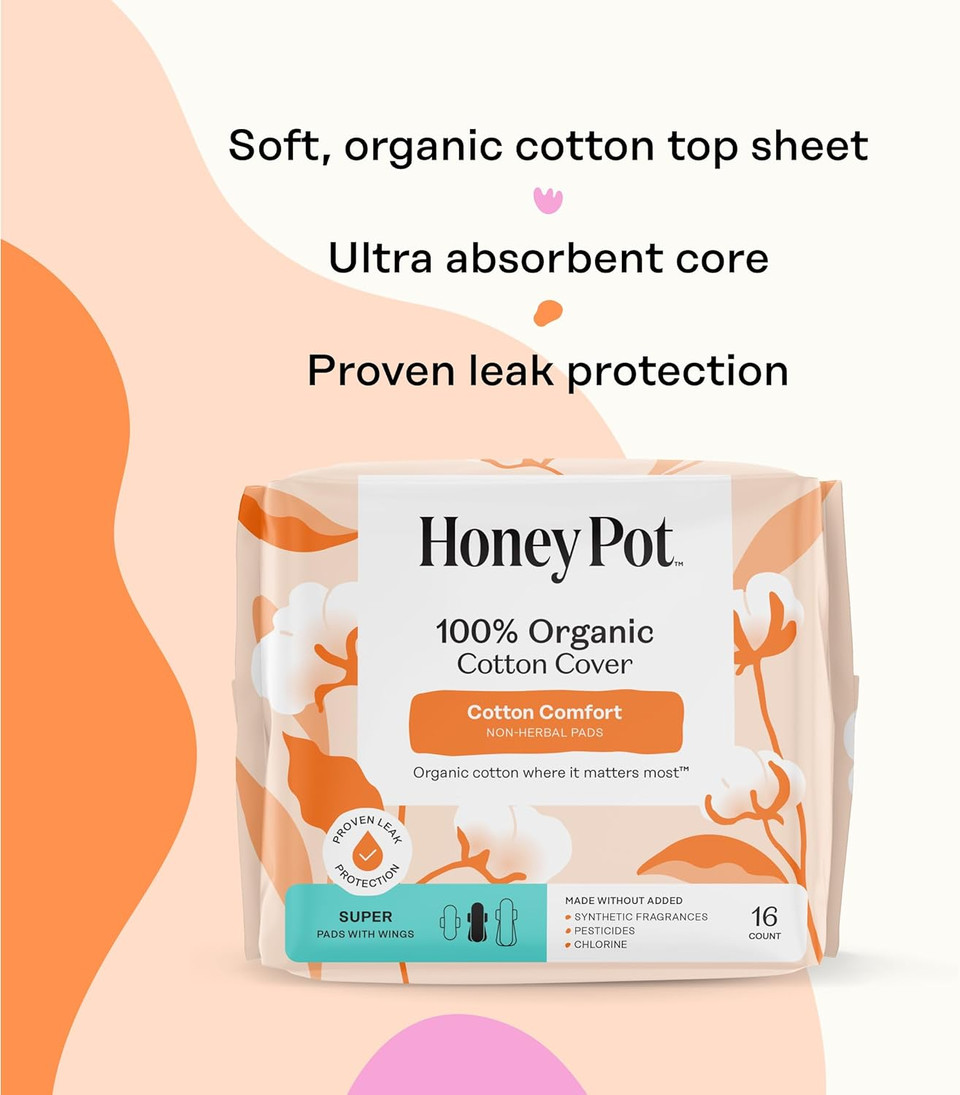 The Honey Pot Company - Sanitary Pads For Women - Non-Herbal Super W/Wings - Organic - Cotton Cover & Ultra-Absorbent Pulp Core - Feminine Care - Fsa & Hsa Eligible - 16 Ct