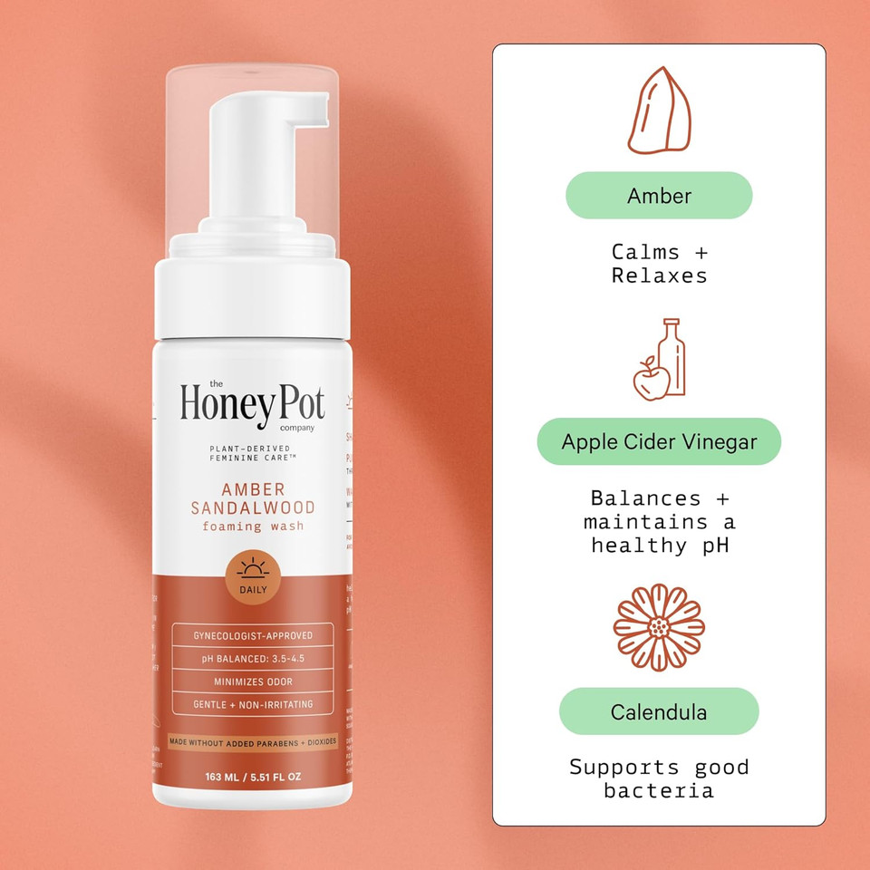The Honey Pot Company - Feminine Wash - Herbal Infused - Sensitive Skin Types - Ph Balanced Plant Based Hygiene Products - Amber Sandalwood - 5.51 Fluid Oz