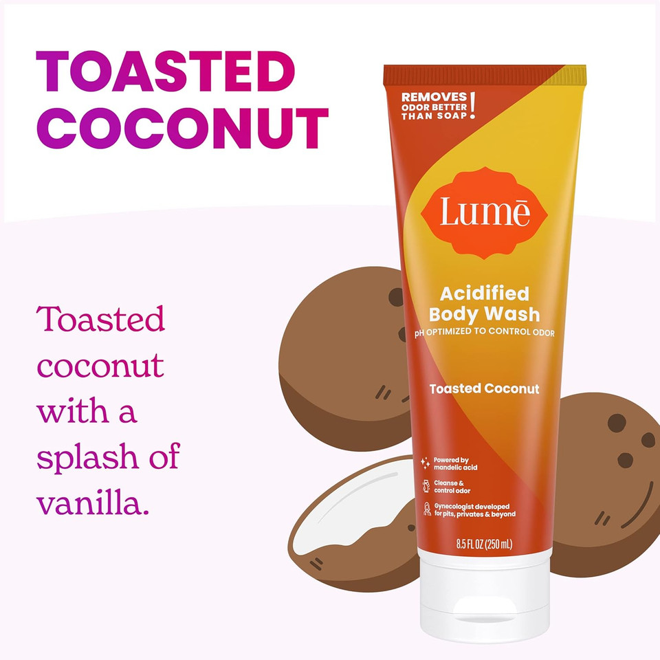Lume Acidified Body Wash - 24 Hour Odor Control - Removes Odor Better Than Soap - Moisturizing Formula - Formulated Without Sls Or Parabens - Ob/Gyn Developed - 8.5 Ounce (Toasted Coconut)