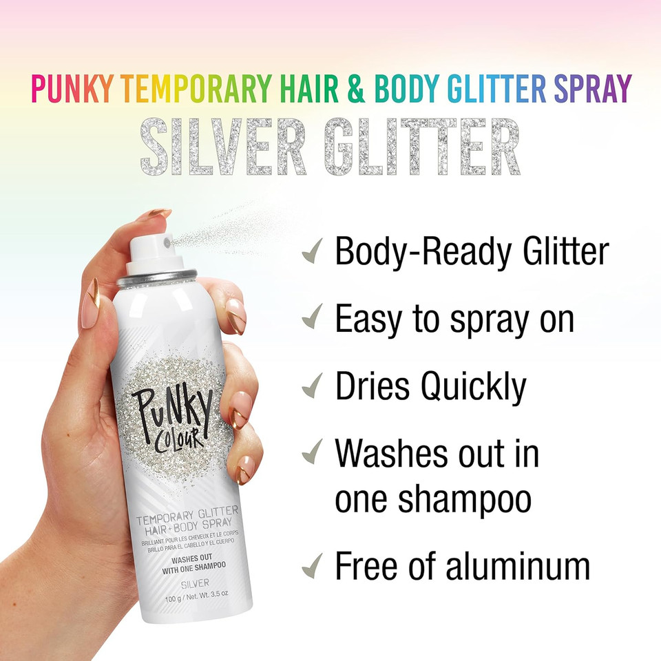 Punky Temporary Hair And Body Glitter Spray, Gold/Silver -Lightweight Shimmery Hairspray For Hair, Skin, And Clothes, Sparkly Glow For Parties & Events, 3.5 Oz