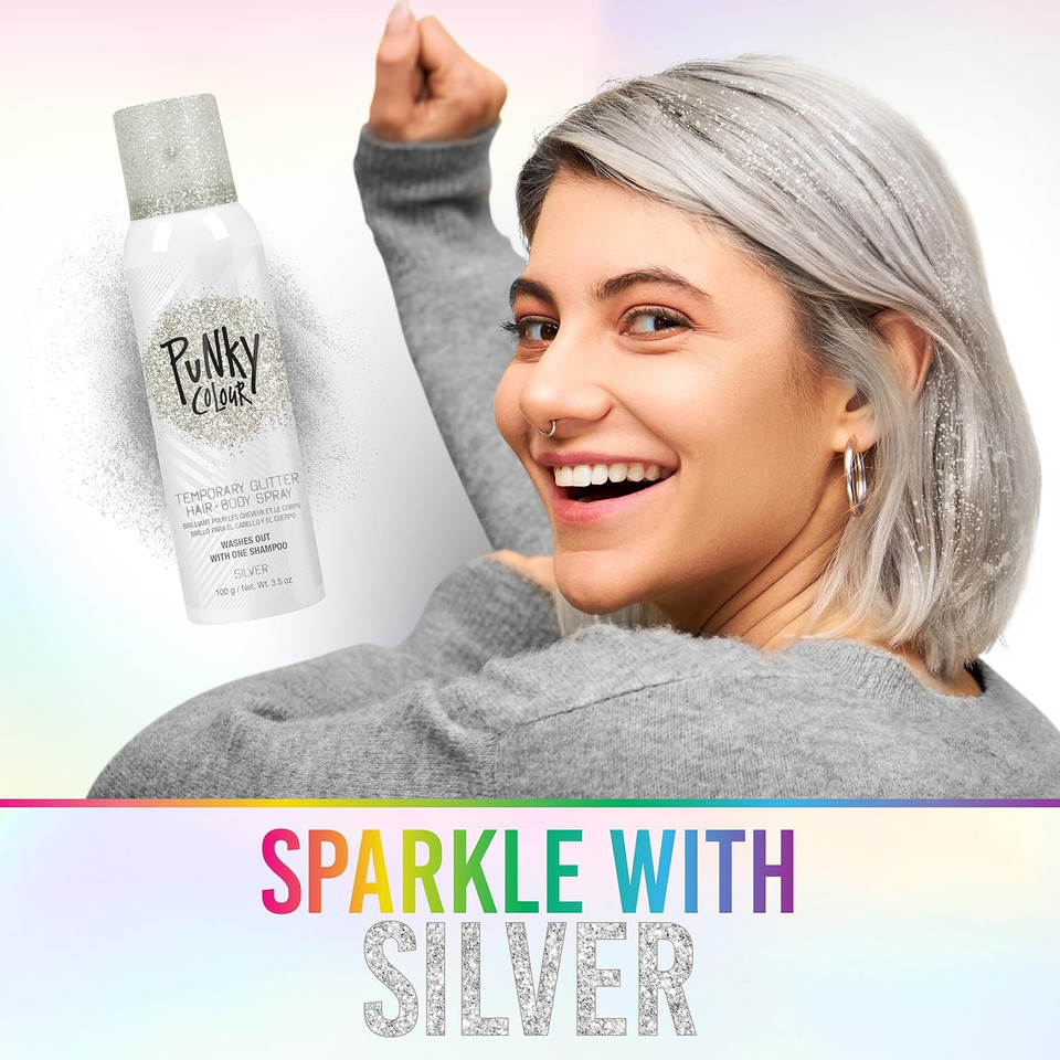 Punky Temporary Hair And Body Glitter Spray, Gold/Silver -Lightweight Shimmery Hairspray For Hair, Skin, And Clothes, Sparkly Glow For Parties & Events, 3.5 Oz