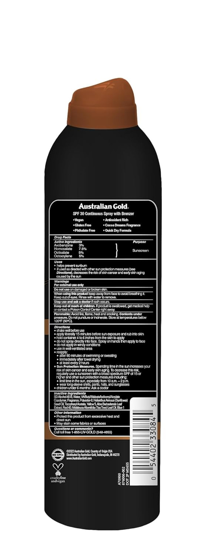 Australian Gold Continuous Spray Sunscreen With Instant Bronzer Spf 30, Immediate Glow & Dries Fast Water Resistant Nongreasy Oxybenzone Free Cruelty Free, Bronzer New, Orange, 6 Oz