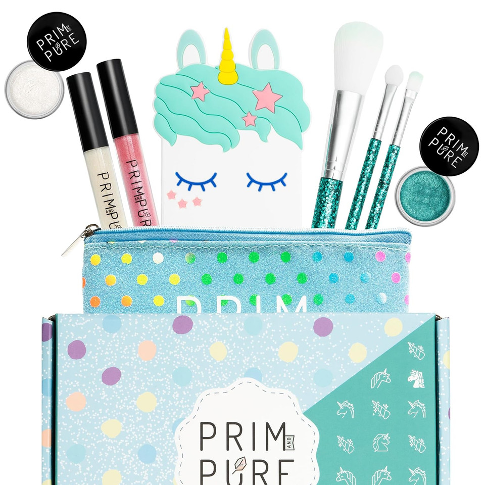 Prim And Pure Mineral Gift Set With Unicorn Mirror| Perfect For Play Dates & Birthday Parties | Kids Eyeshadow Makeup  Mineral | Organic & Natural Makeup Kit For Kids| Made In Usa (Purple)