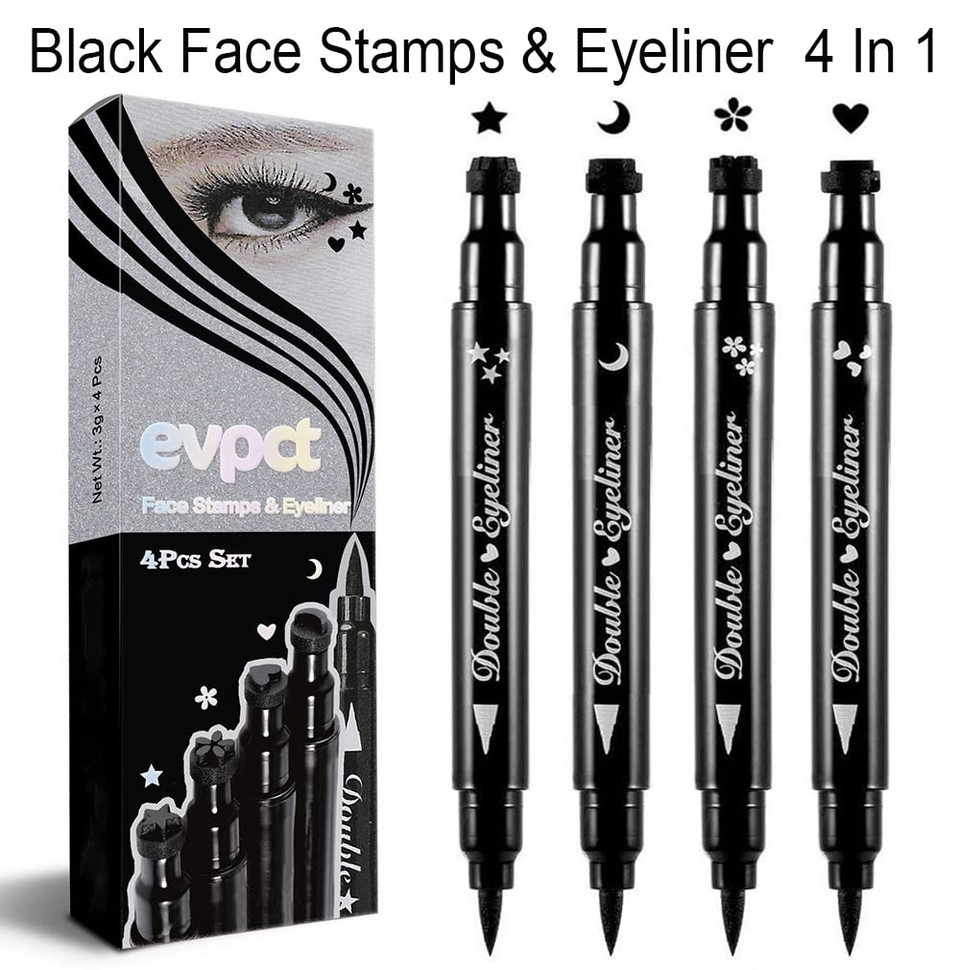 Evpct 4In1 Star Flowers Hearts Moon Face Stamps Eyeliner Makeup Set, Black Colored Liquid Winged Wing Eyeliner Stamp Wingliner, Waterproof, Star Eye Liner Stamp Figures Tool