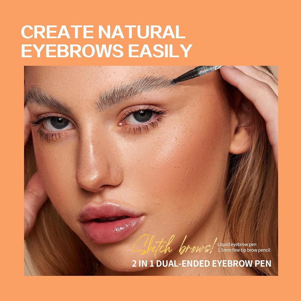 Dual-Ended Microfilling Eyebrow Pen, Liquid Eyebrow Pen With 4 Micro Brush-Tip Applicators & Brow Defining Pencil With Precision Tip (Chestnut)