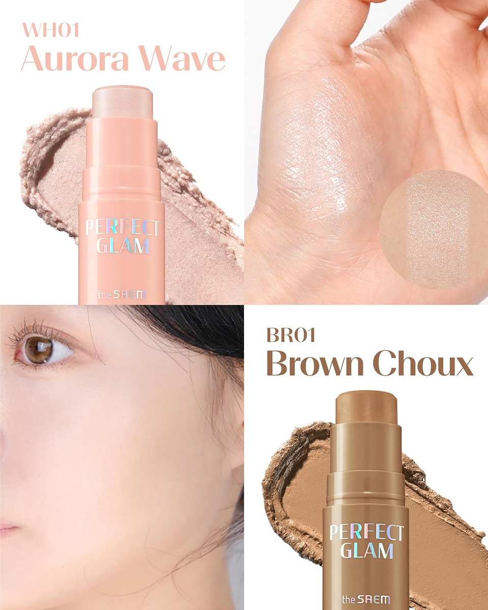 Thesaem Perfect Glam Stick Blusher With Blending Sponge Wh01 Aurora Wave - Luxurious Soft Melting Balm Highlighter With Shea Butter And Ceramide Np, Natural Radiance Glow Makeup, 0.2Oz