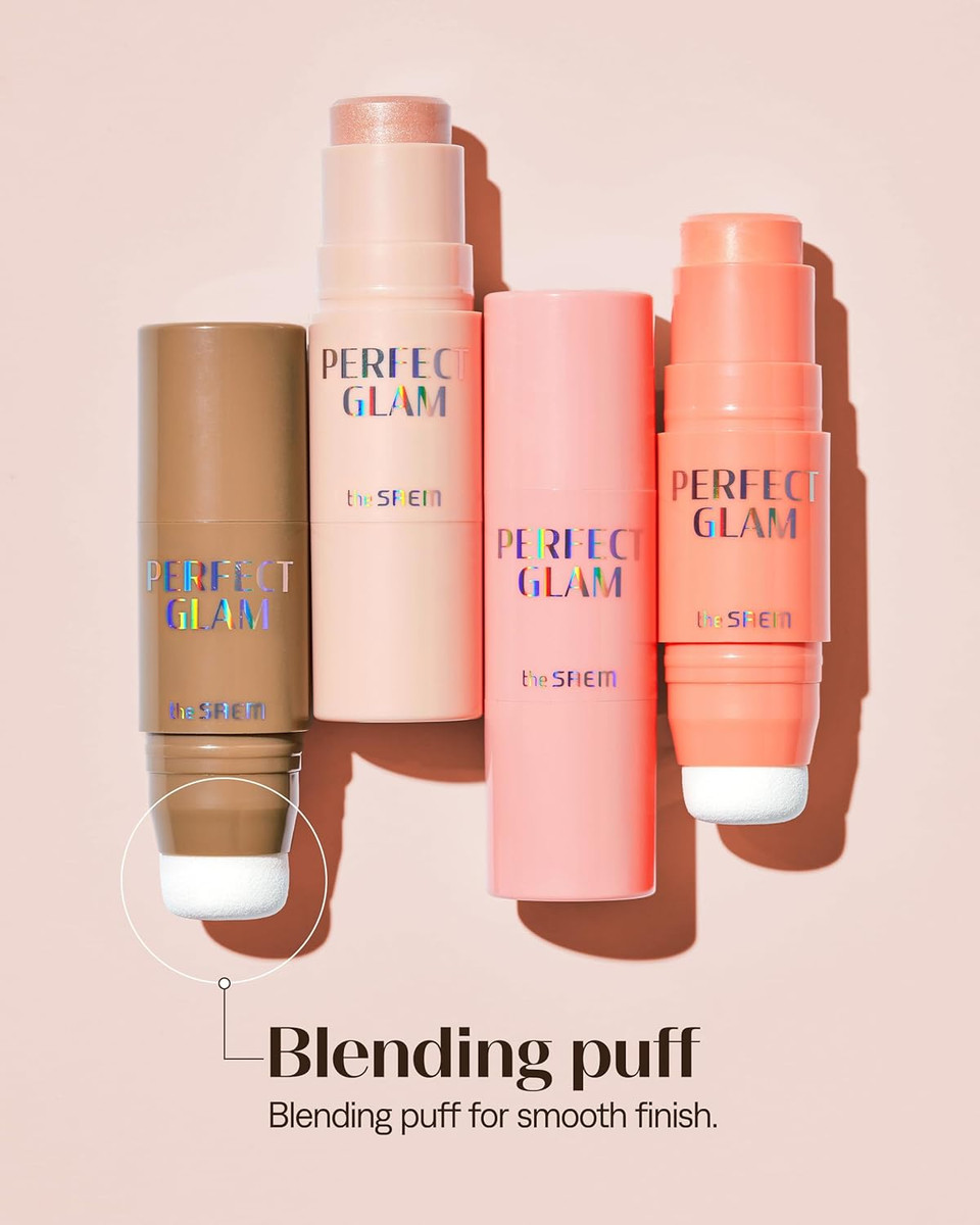 Thesaem Perfect Glam Stick Blusher With Blending Sponge Wh01 Aurora Wave - Luxurious Soft Melting Balm Highlighter With Shea Butter And Ceramide Np, Natural Radiance Glow Makeup, 0.2Oz