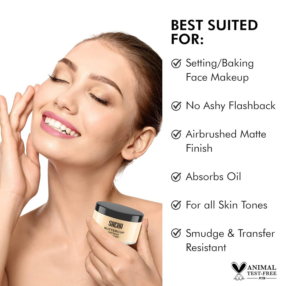 Sacha Buttercup Mini Setting Powder. No Ashy Flashback. Blurs Fine Lines And Pores. Loose, Translucent Face Powder To Set Makeup Foundation Or Concealer. For Medium To Dark Skin Tones, 0.35 Oz