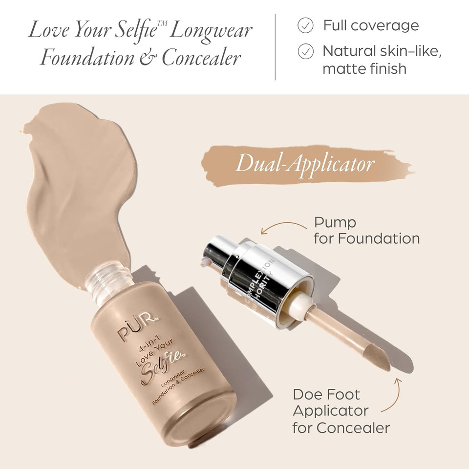 Pur Beauty 4-In-1 Love Your Selfie Foundation & Concealer - Longwear Full Coverage Liquid Makeup Foundation With Hydrating Blend For Refined-Looking, Natural Beauty Glow, Skin Texture & Tone