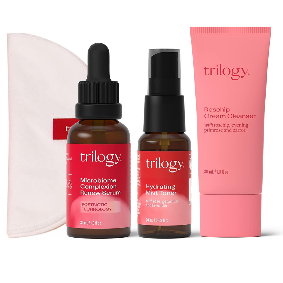 Trilogy Three-Step Microbiome Renewal Routine Limited Edition Set - Includes Rosehip Cream Cleanser (30Ml), Hyddrating Mist Toner (20Ml), Microbiome Complexion Renew Serum (30Ml) And Cleansing Cloth
