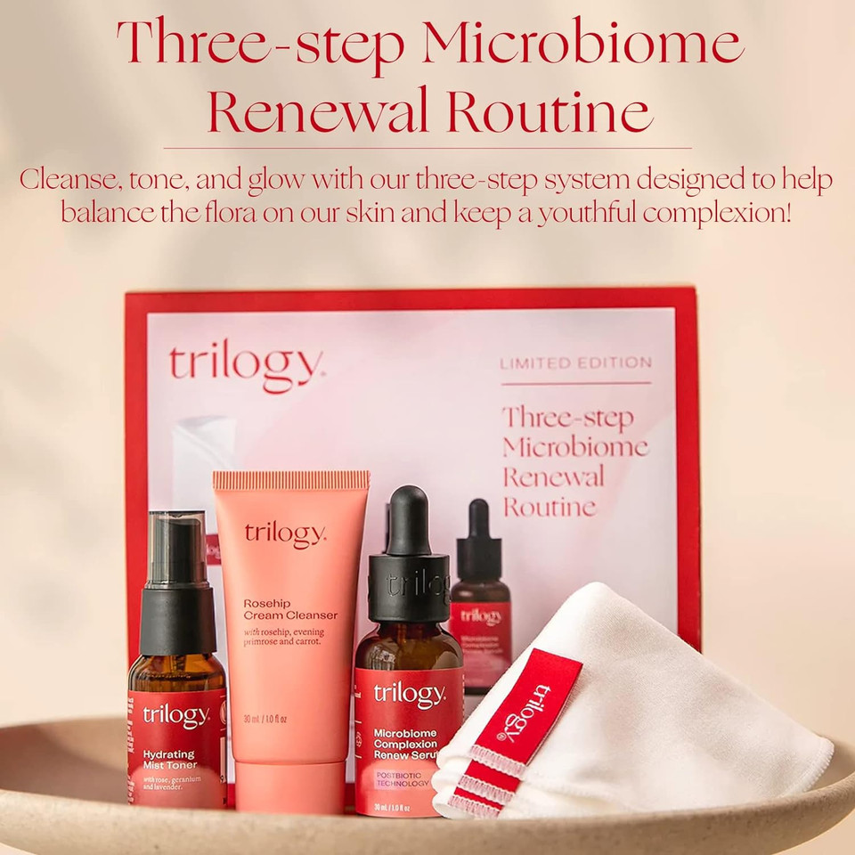 Trilogy Three-Step Microbiome Renewal Routine Limited Edition Set - Includes Rosehip Cream Cleanser (30Ml), Hyddrating Mist Toner (20Ml), Microbiome Complexion Renew Serum (30Ml) And Cleansing Cloth