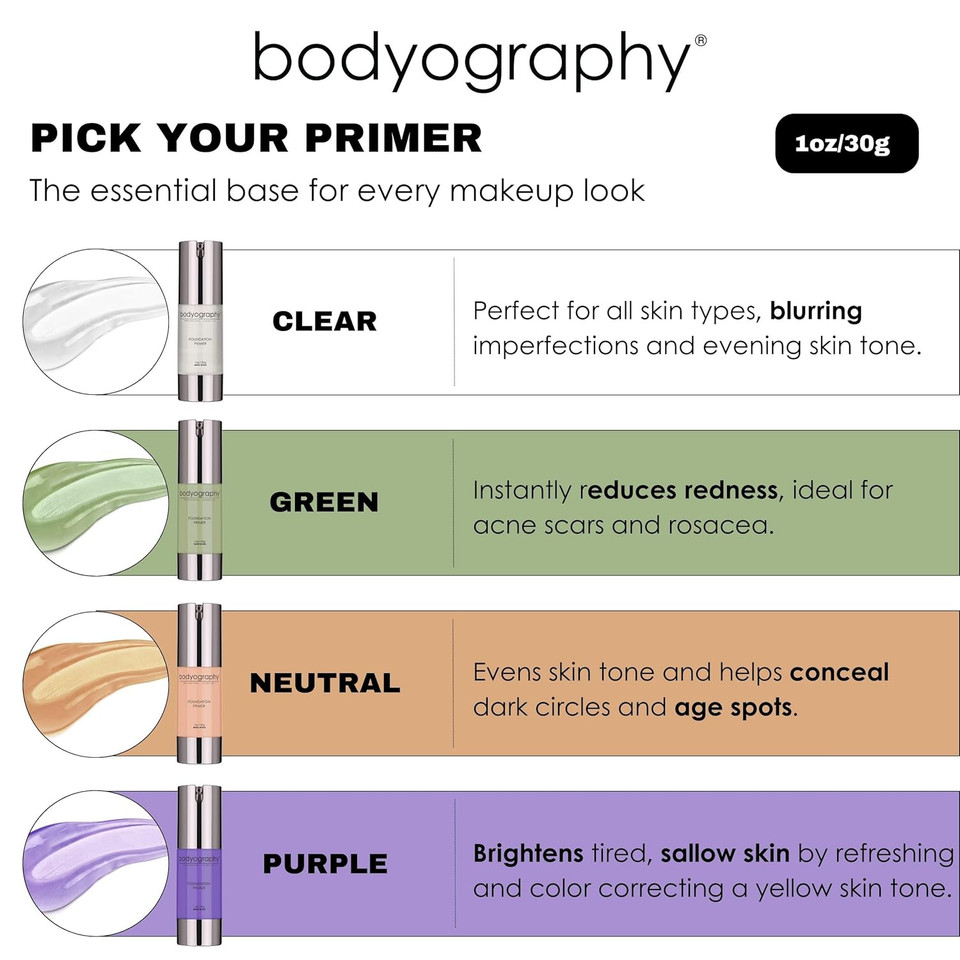 Bodyography - Foundation Primer (Clear): Flawless Anti-Aging Salon Makeup Primer W/Vitamin E, A, Jojoba, Grapeseed Oil | Control Shine | Gluten-Free, Cruelty-Free, 1 Oz Bodyography - Foundation Primer (Clear): Flawless Anti-Aging Salon Makeup Primer W/Vitamin E, A, Jojoba, Grapeseed Oil | Control Shine | Gluten-Free, Cruelty-Free, 1 Oz