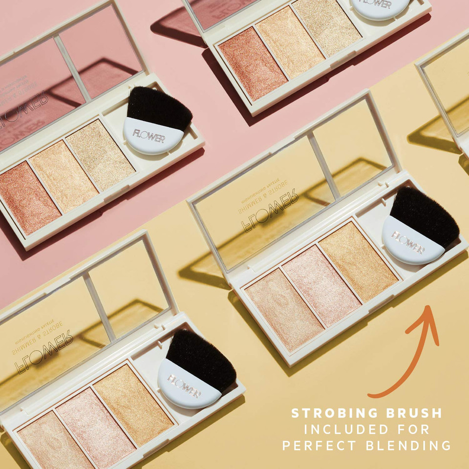 Flower Beauty By Drew Barrymore Shimmer & Strobe Highlighting Palette - Glowing Bronzer Powder Kit For Face - Blendable Coverage - Skintones - 3 Enhancing Colors - Strobe Brush Included (Sunkissed Shimmer)