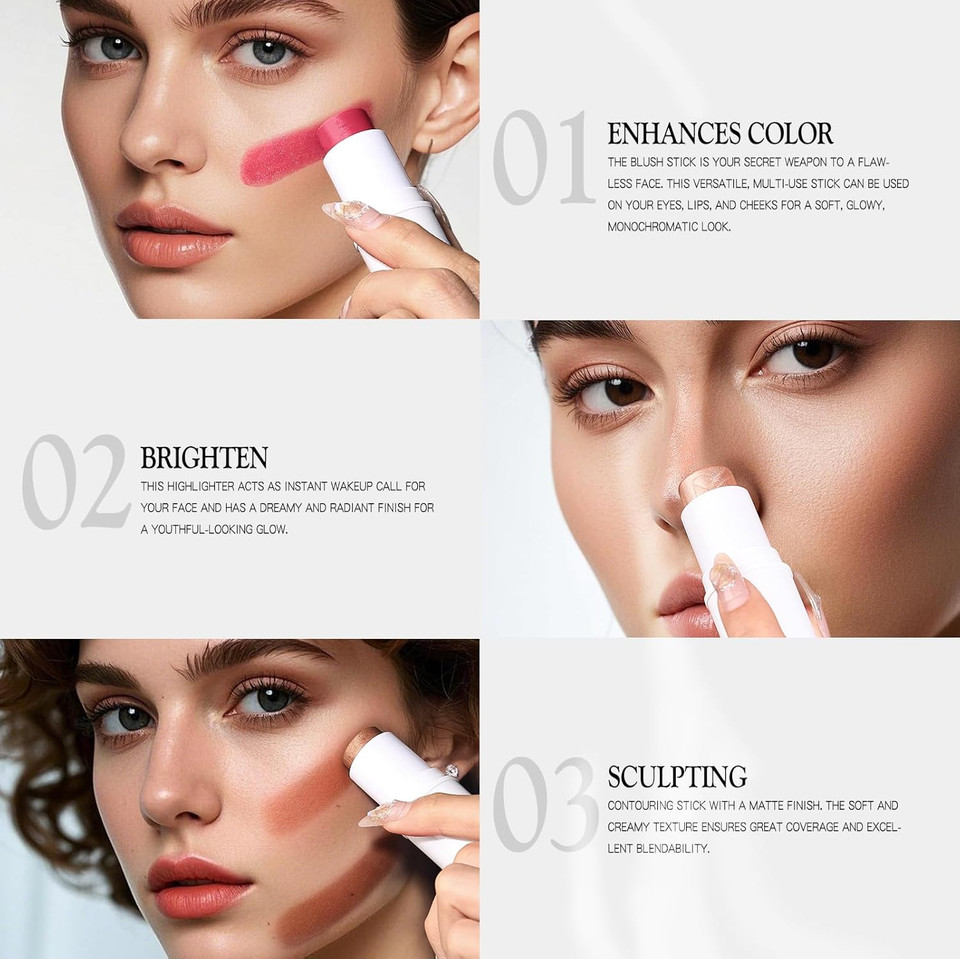 3 Pcs Makeup Cream Contour Stick Set, Highlighter Stick & Bronzer Stick & Blush Stick, Long Lasting, Natural Face Contour, Dewy & Matte Finish, Multi Stick Trio For All Skin