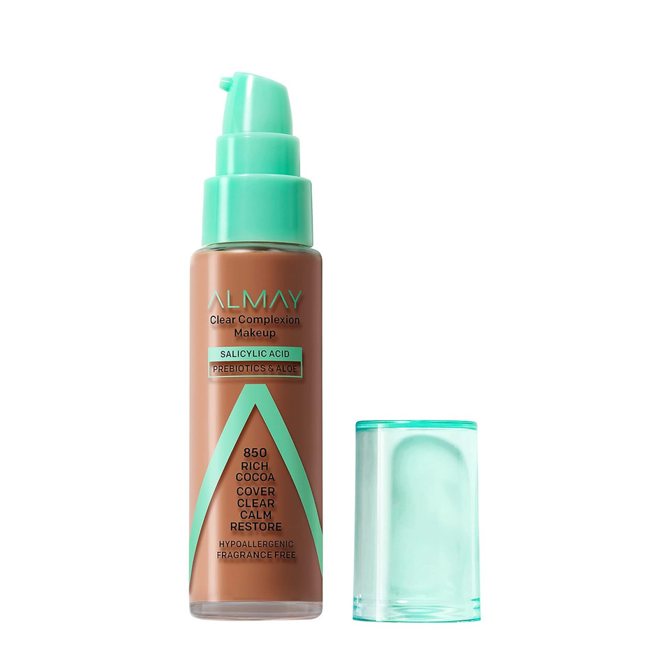 Almay Clear Complexion Acne Foundation Makeup With Salicylic Acid, Medium Coverage, Soft Matte Finish, Hypoallergenic, Cruelty- & Fragrance-Free, Dermatologist Tested, 850 Rich Cocoa, 1 Fl Oz Almay Clear Complexion Acne Foundation Makeup With Salicylic Acid, Medium Coverage, Soft Matte Finish, Hypoallergenic, Cruelty- & Fragrance-Free, Dermatologist Tested, 850 Rich Cocoa, 1 Fl Oz